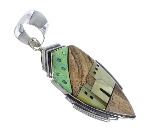 Native American Pueblo Village Design Authentic Sterling Silver And Multicolor Pendant RX94531